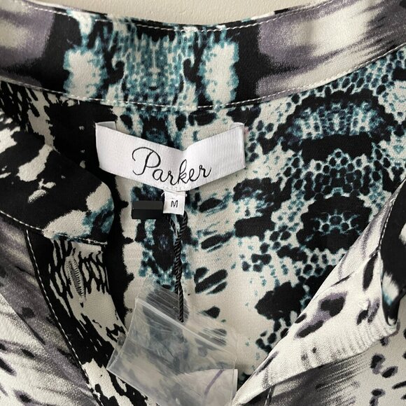 Parker SILK Long Sleeve Patterned Casual Blouse Moccasin Black White Medium NEW - Picture 10 of 12